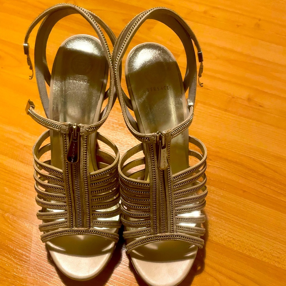 VERSACE Leather Gold Zip Cage Gladiator Sandal Heels Wooden